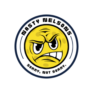 Pickle Ball team logo - a pickle ball with a mean face saying "sorry, not sorry" Nasty Nelsons trick shot.