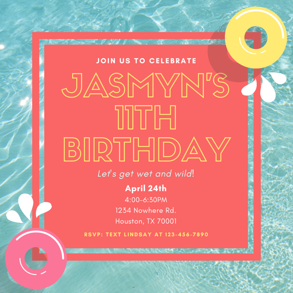 Jasmyn's Invitation, Pool party themed, peach and blue.