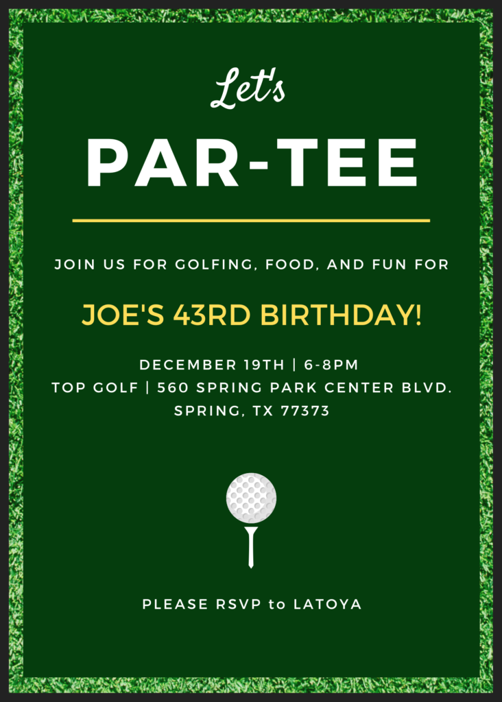 Green "golf-themed" birthday invitation